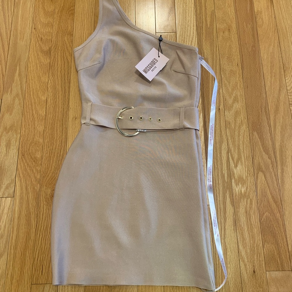 Missguided One-Shoulder Tan Dress with Belt